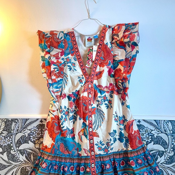 New with tags Farm Rio Magia Floral Ruffle 100% cotton Dress, Small, retail $228 - Picture 5 of 15